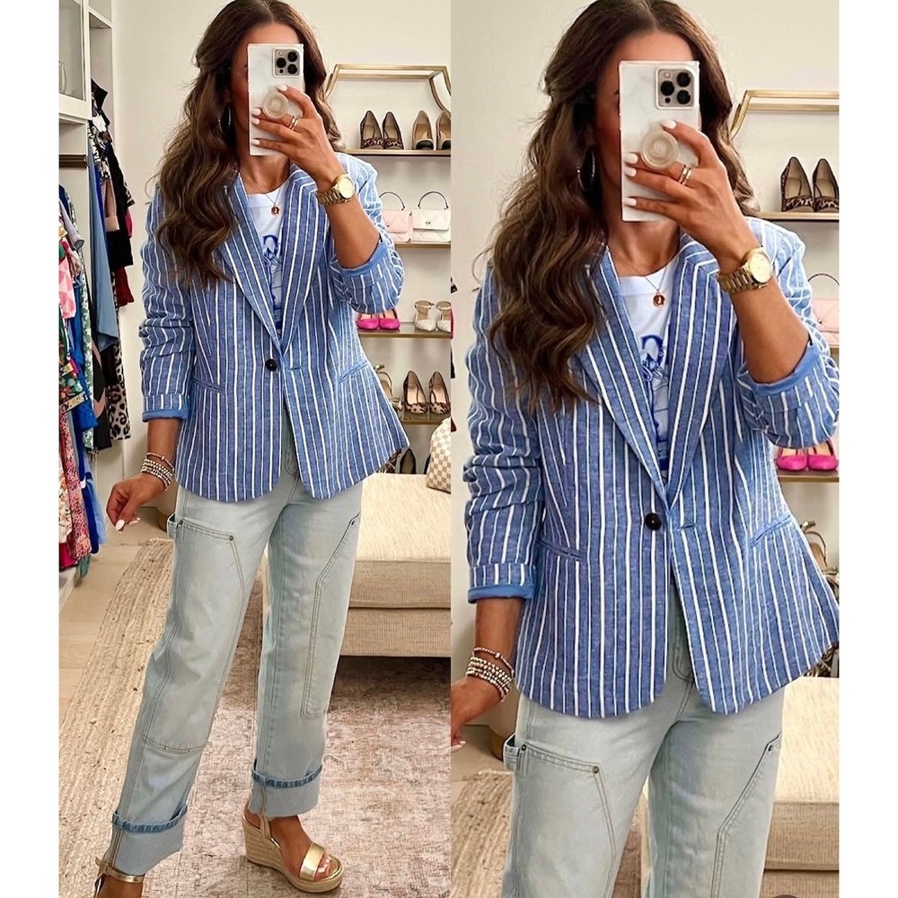 Coastal Grandmother NEW Free Assembly XXL Blue White Striped Linen Blend Blazer